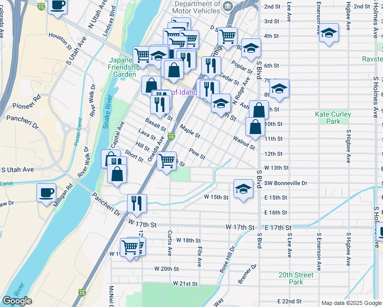 map of restaurants, bars, coffee shops, grocery stores, and more near 390 West 13th Street in Idaho Falls