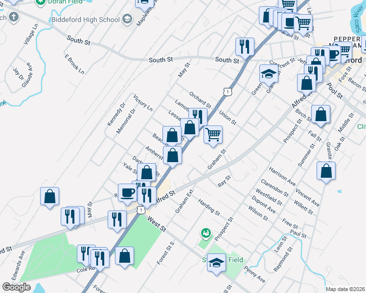 map of restaurants, bars, coffee shops, grocery stores, and more near 12 Marshall Avenue in Biddeford