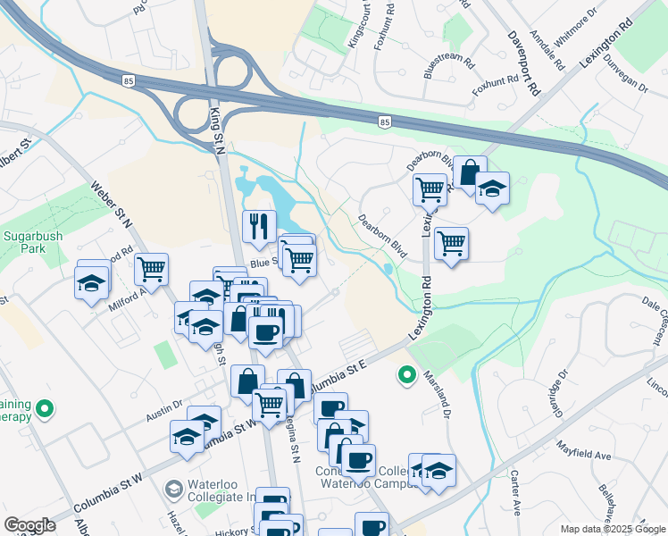 map of restaurants, bars, coffee shops, grocery stores, and more near 22 Forwell Creek Road in Waterloo