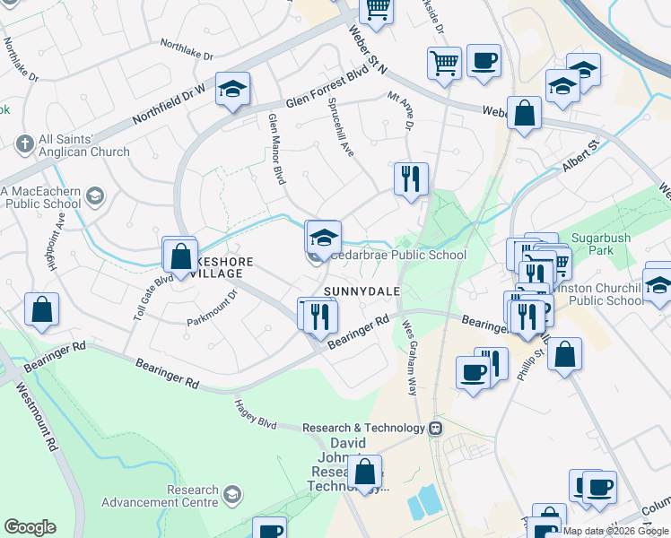 map of restaurants, bars, coffee shops, grocery stores, and more near 231 A Cedarbrae Avenue in Waterloo