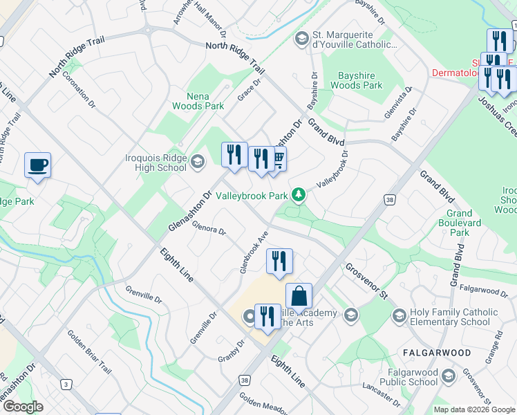 map of restaurants, bars, coffee shops, grocery stores, and more near 2133 Galena Crescent in Oakville