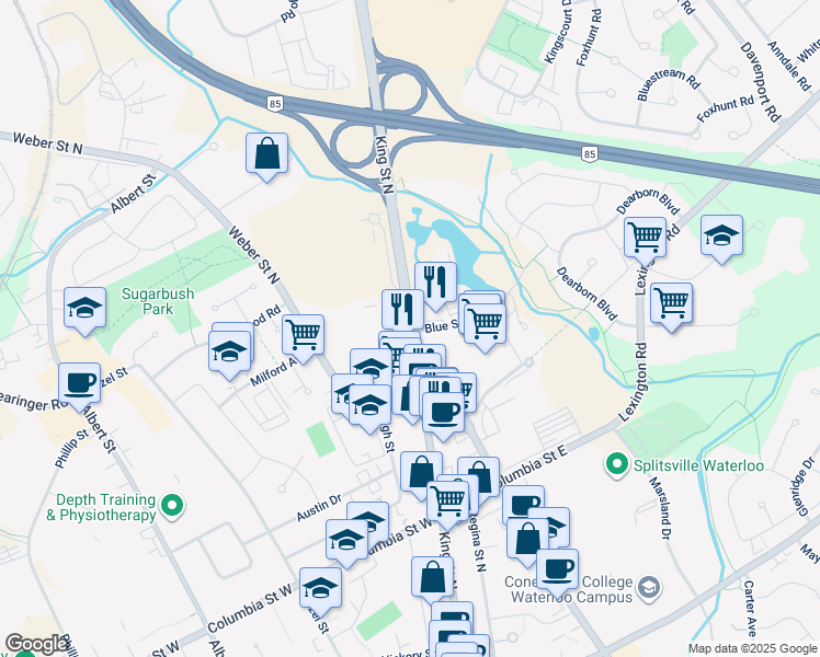 map of restaurants, bars, coffee shops, grocery stores, and more near 423 King Street North in Waterloo