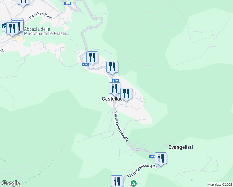 map of restaurants, bars, coffee shops, grocery stores, and more near Via di Quercianella in Castellaccio