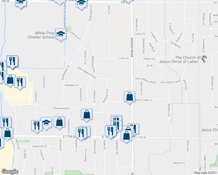 map of restaurants, bars, coffee shops, grocery stores, and more near 1107 Midway Avenue in Ammon