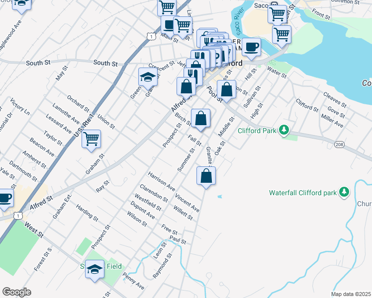 map of restaurants, bars, coffee shops, grocery stores, and more near 125 Summer Street in Biddeford