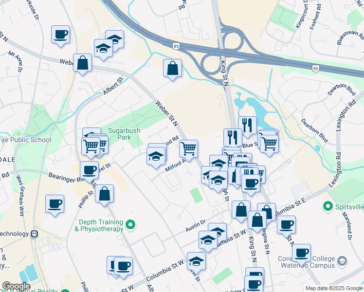 map of restaurants, bars, coffee shops, grocery stores, and more near 442 Blythwood Place in Waterloo