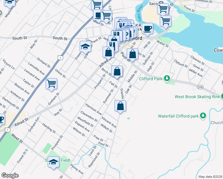 map of restaurants, bars, coffee shops, grocery stores, and more near 125 Summer Street in Biddeford