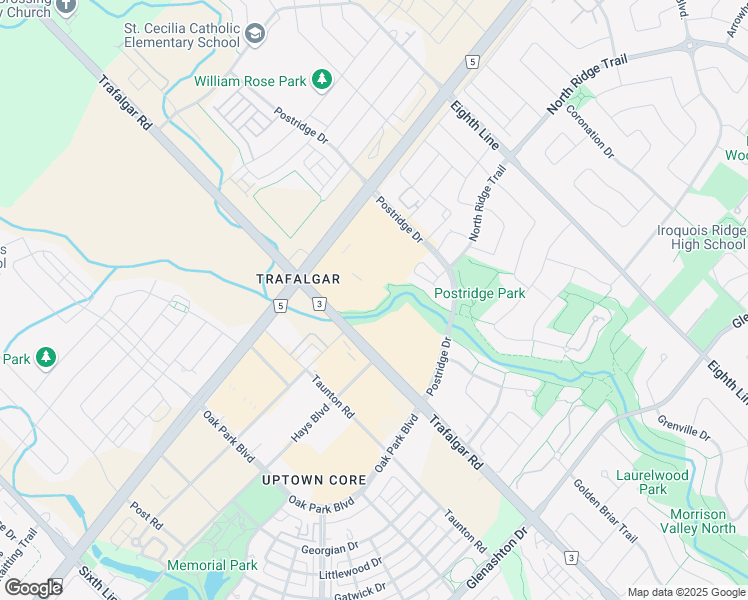 map of restaurants, bars, coffee shops, grocery stores, and more near 360 Dundas Street East in Oakville