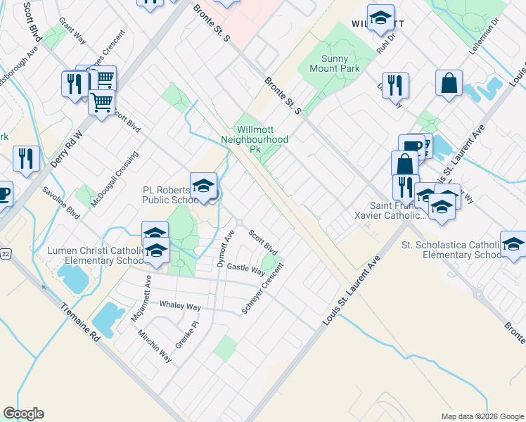 map of restaurants, bars, coffee shops, grocery stores, and more near 917 Mctrach Crescent in Milton