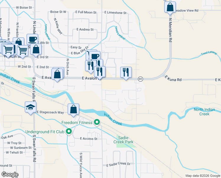 map of restaurants, bars, coffee shops, grocery stores, and more near 880 East Wandering Lane in Kuna