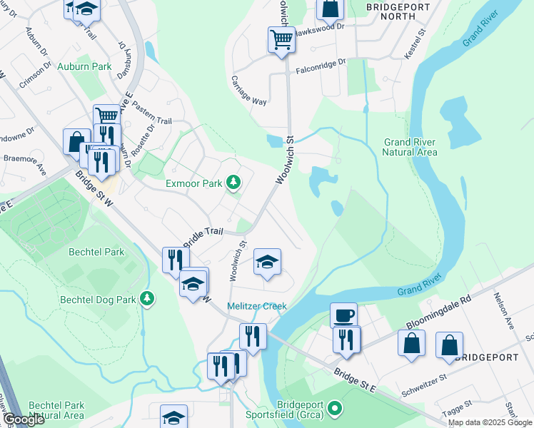 map of restaurants, bars, coffee shops, grocery stores, and more near 132 Woolwich Street in Kitchener