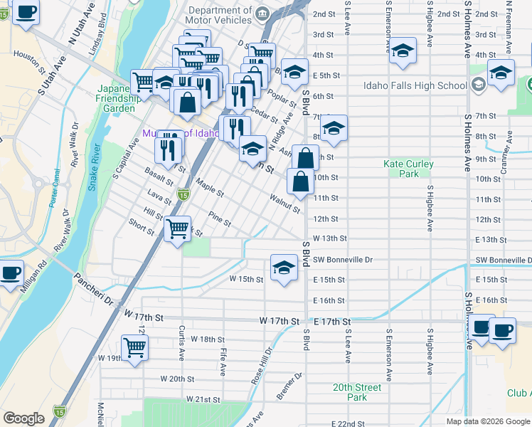 map of restaurants, bars, coffee shops, grocery stores, and more near 403 Maple Street in Idaho Falls