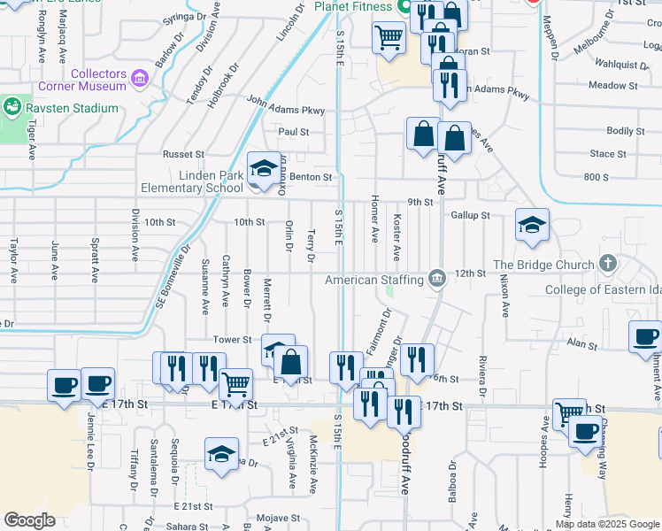 map of restaurants, bars, coffee shops, grocery stores, and more near 1451 Clark Drive in Idaho Falls
