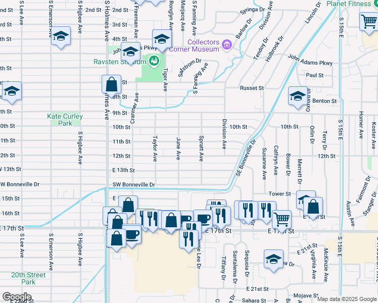 map of restaurants, bars, coffee shops, grocery stores, and more near 835 11th Street in Idaho Falls