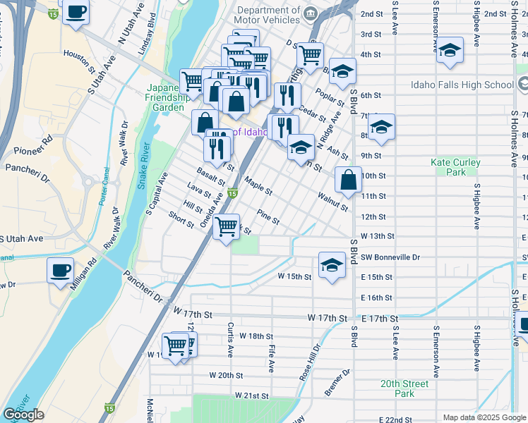 map of restaurants, bars, coffee shops, grocery stores, and more near 224 South Water Avenue in Idaho Falls
