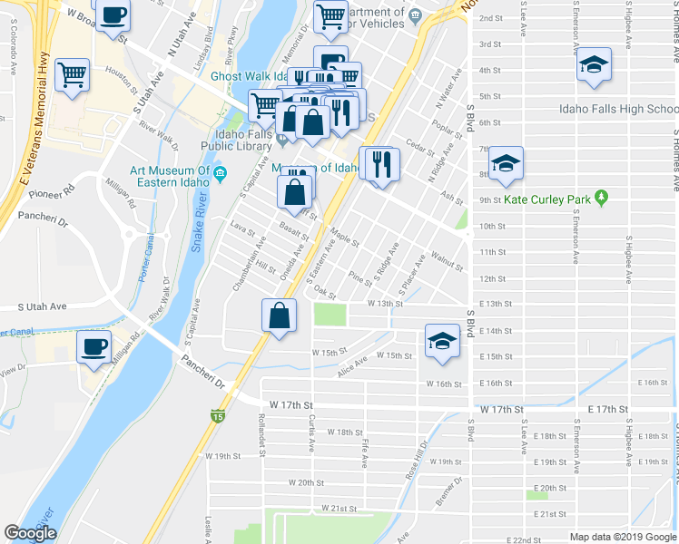 map of restaurants, bars, coffee shops, grocery stores, and more near 224 South Water Avenue in Idaho Falls