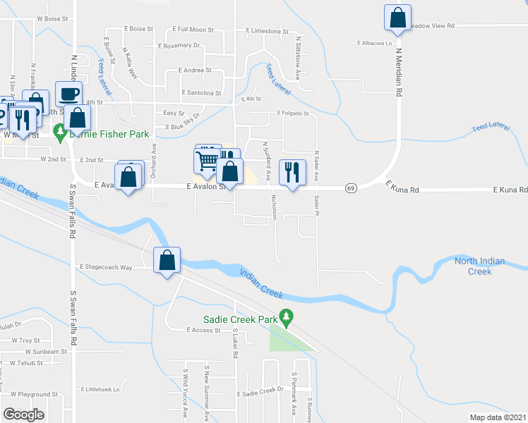 map of restaurants, bars, coffee shops, grocery stores, and more near 1017 Nicholson in Kuna