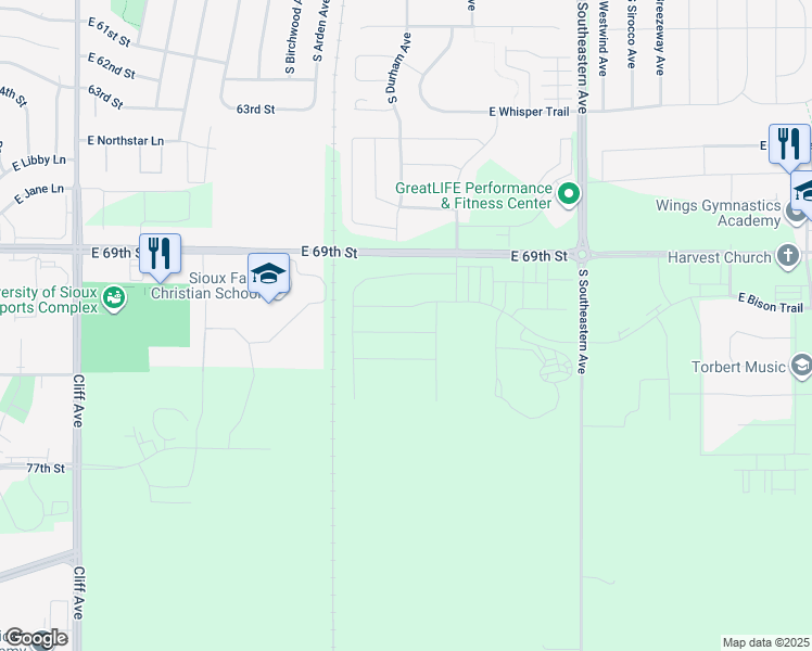 map of restaurants, bars, coffee shops, grocery stores, and more near 2506 East Copalis Place in Sioux Falls