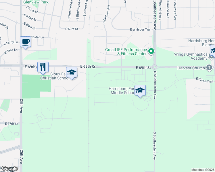 map of restaurants, bars, coffee shops, grocery stores, and more near 2506 East Copalis Place in Sioux Falls
