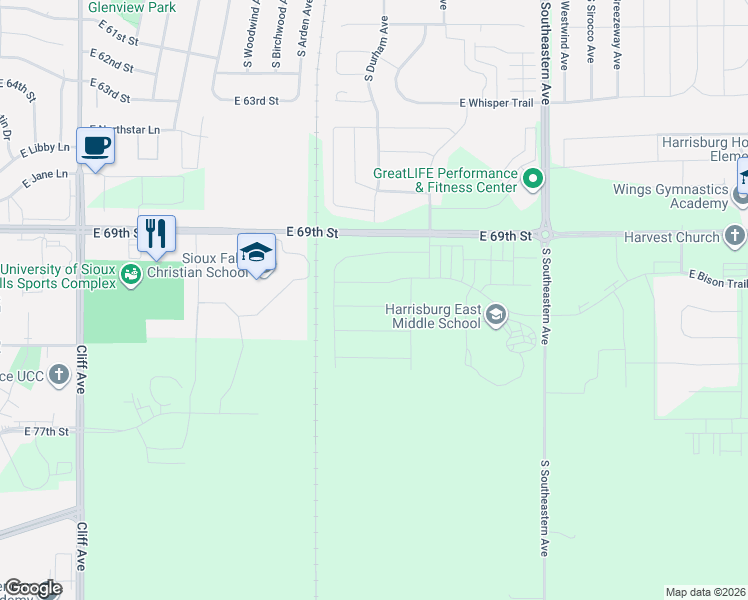 map of restaurants, bars, coffee shops, grocery stores, and more near 2506 East Copalis Place in Sioux Falls
