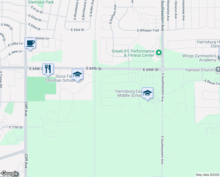 map of restaurants, bars, coffee shops, grocery stores, and more near 47555 East 69th Street in Sioux Falls
