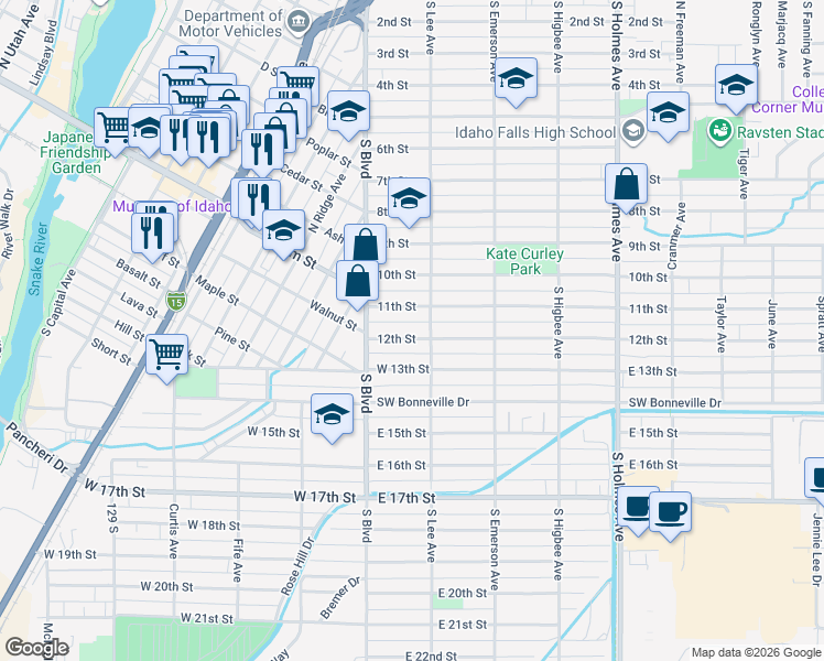 map of restaurants, bars, coffee shops, grocery stores, and more near 171 12th Street in Idaho Falls