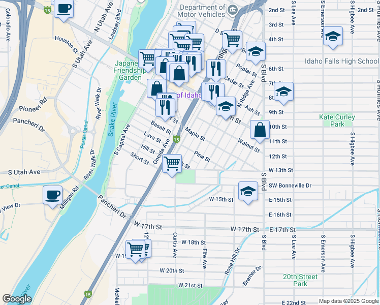 map of restaurants, bars, coffee shops, grocery stores, and more near 160 Pine Street in Idaho Falls