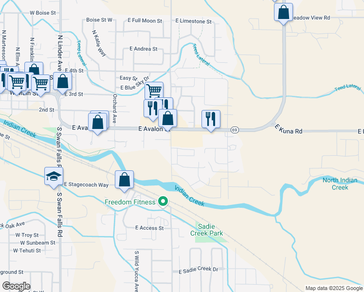 map of restaurants, bars, coffee shops, grocery stores, and more near 869 East Avalon Street in Kuna