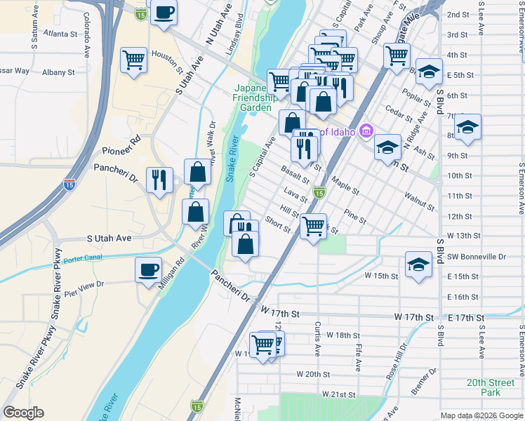 map of restaurants, bars, coffee shops, grocery stores, and more near 302 Hill Street in Idaho Falls