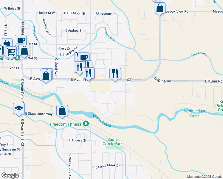 map of restaurants, bars, coffee shops, grocery stores, and more near 1017 Nicholson in Kuna