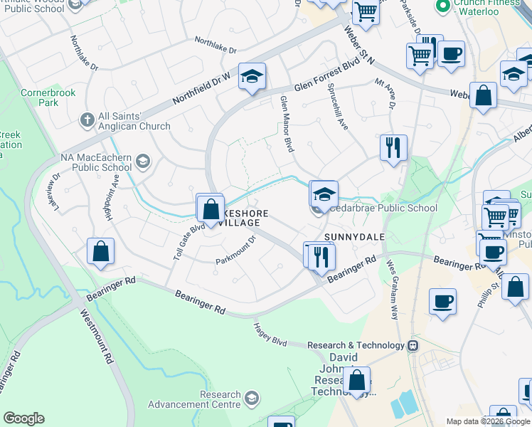 map of restaurants, bars, coffee shops, grocery stores, and more near Brookhaven Crescent in Waterloo