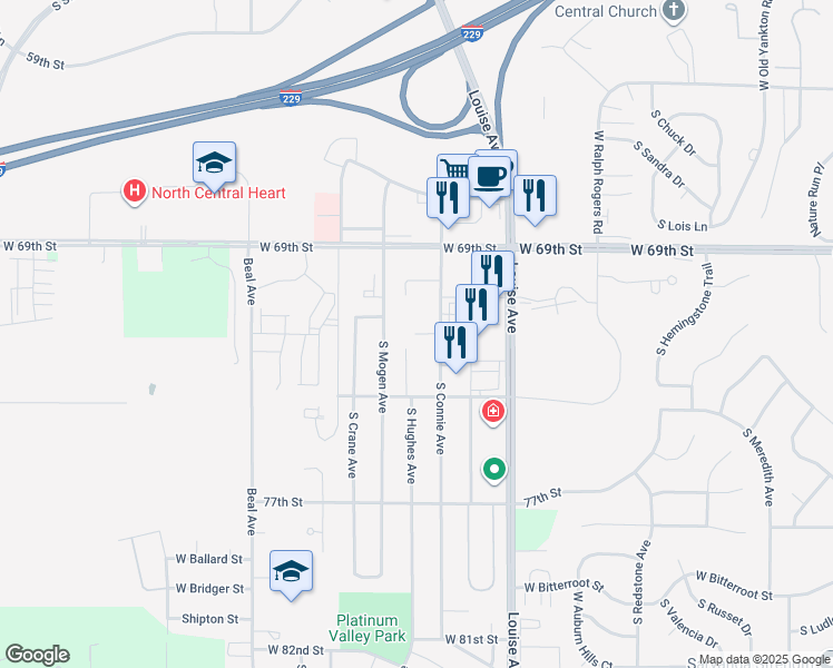 map of restaurants, bars, coffee shops, grocery stores, and more near 6315 South Connie Avenue in Sioux Falls