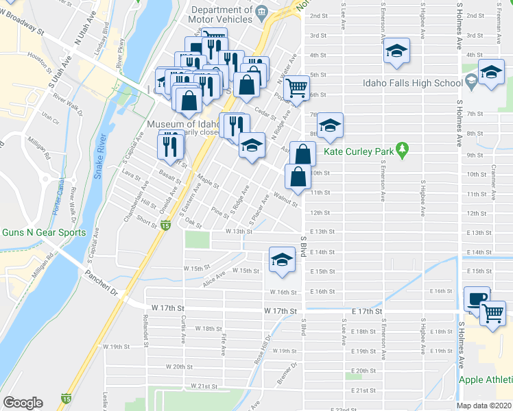 map of restaurants, bars, coffee shops, grocery stores, and more near 395 Maple Street in Idaho Falls