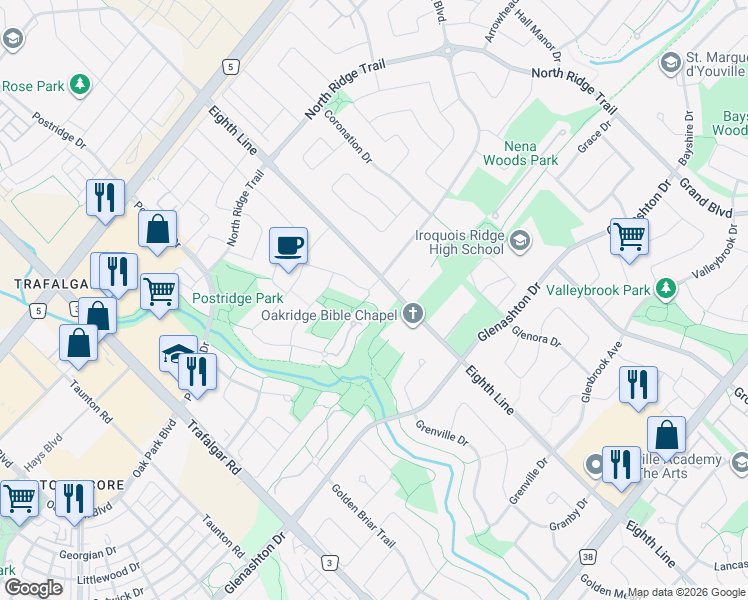 map of restaurants, bars, coffee shops, grocery stores, and more near 2320 Woodridge Way in Oakville