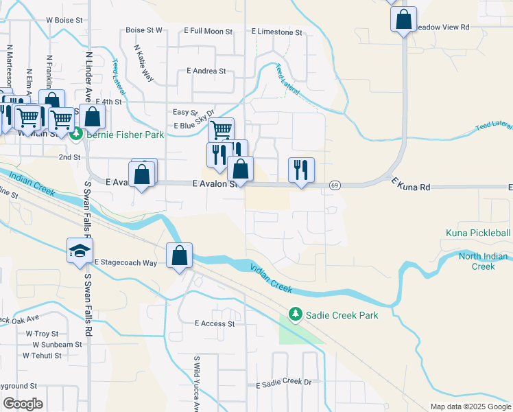 map of restaurants, bars, coffee shops, grocery stores, and more near 869 East Avalon Street in Kuna