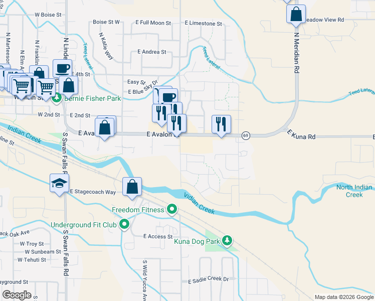 map of restaurants, bars, coffee shops, grocery stores, and more near 869 East Avalon Street in Kuna