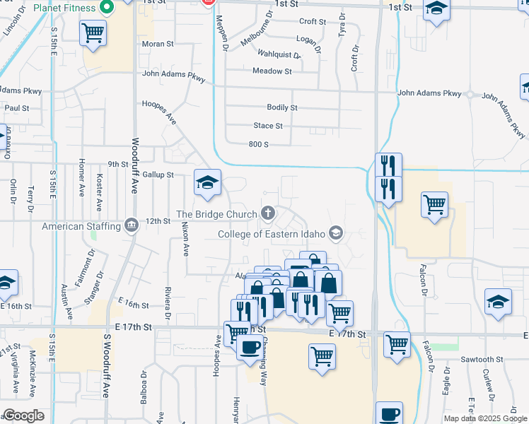 map of restaurants, bars, coffee shops, grocery stores, and more near 2153 12th Street in Idaho Falls