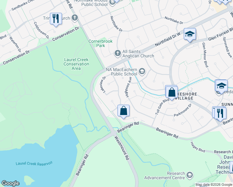 map of restaurants, bars, coffee shops, grocery stores, and more near 645 Pineridge Road in Waterloo