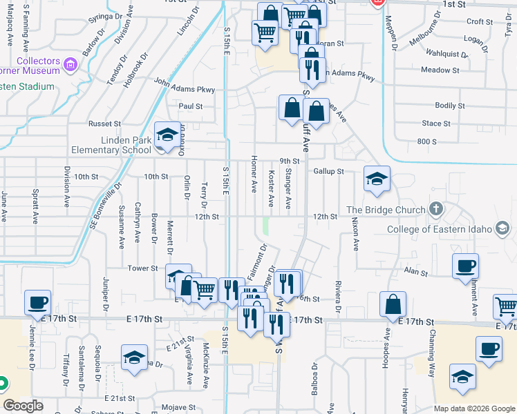 map of restaurants, bars, coffee shops, grocery stores, and more near 1095 Homer Avenue in Idaho Falls