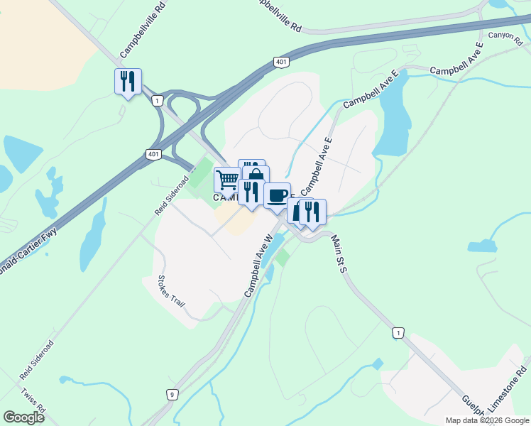 map of restaurants, bars, coffee shops, grocery stores, and more near 30 Main Street North in Milton