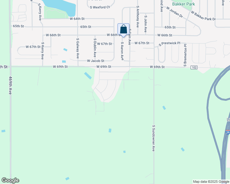 map of restaurants, bars, coffee shops, grocery stores, and more near 6917 Jacob Street in Sioux Falls