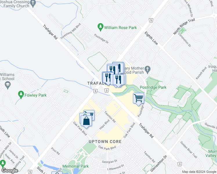 map of restaurants, bars, coffee shops, grocery stores, and more near 330 Dundas Street East in Oakville