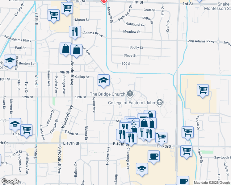 map of restaurants, bars, coffee shops, grocery stores, and more near 1085 Hoopes Avenue in Idaho Falls
