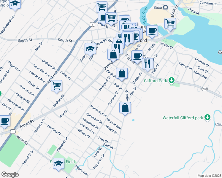 map of restaurants, bars, coffee shops, grocery stores, and more near 23 Fall Street in Biddeford