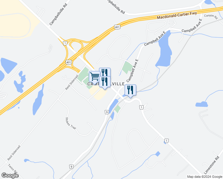 map of restaurants, bars, coffee shops, grocery stores, and more near 30 Main Street North in Milton