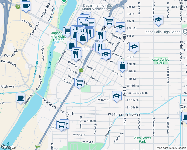 map of restaurants, bars, coffee shops, grocery stores, and more near 224 South Water Avenue in Idaho Falls