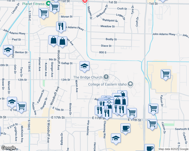 map of restaurants, bars, coffee shops, grocery stores, and more near 1085 Hoopes Avenue in Idaho Falls