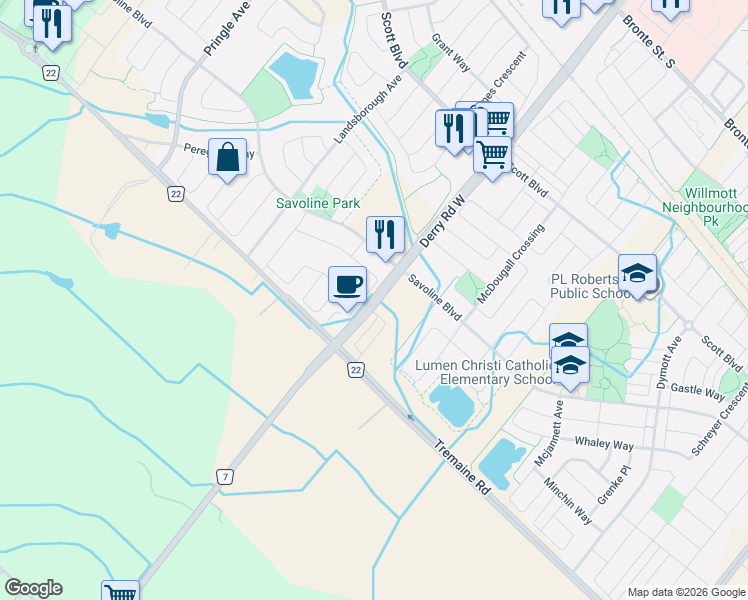 map of restaurants, bars, coffee shops, grocery stores, and more near 6020 Derry Road West in Milton