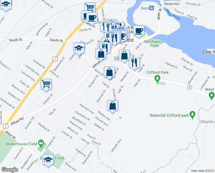 map of restaurants, bars, coffee shops, grocery stores, and more near Summer Street in Biddeford