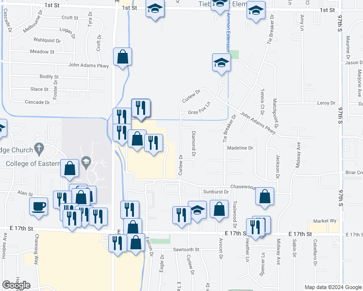 map of restaurants, bars, coffee shops, grocery stores, and more near 1035 Curlew Drive in Ammon